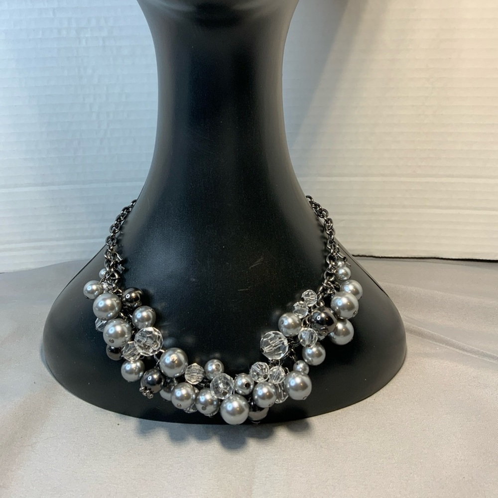 Silver, Gray Faux Pearl Statement Necklace Gun Metal Gray Chain Gothic BoHo 16”